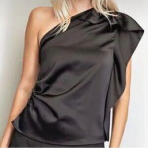 Express Black One Shoulder Satin Top with Side Rouche